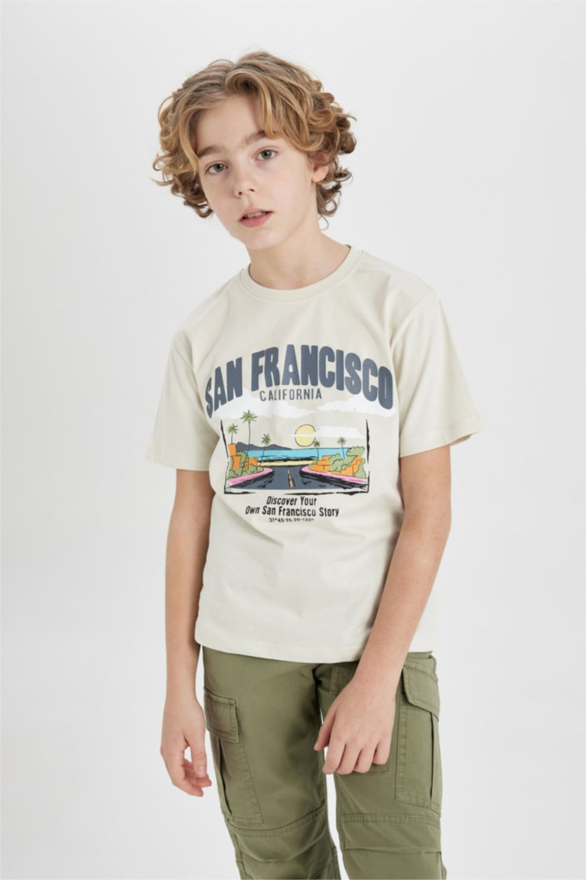 Erkek Çocuk - Genç Erkek Ekru Bisiklet Yaka Baskılı Kısa Kollu Tişört Erkek Çocuk