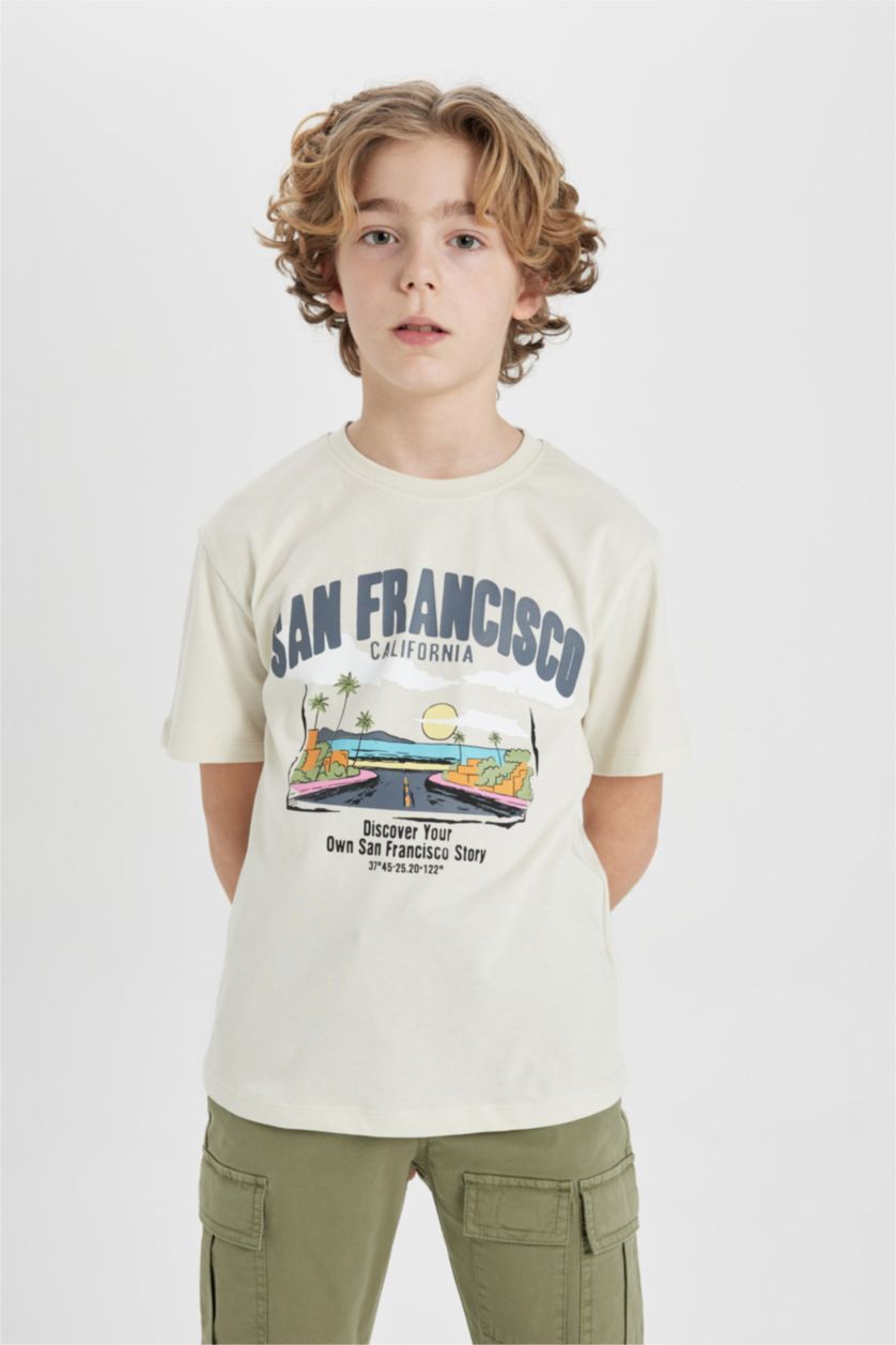 Erkek Çocuk - Genç Erkek Ekru Bisiklet Yaka Baskılı Kısa Kollu Tişört Erkek Çocuk