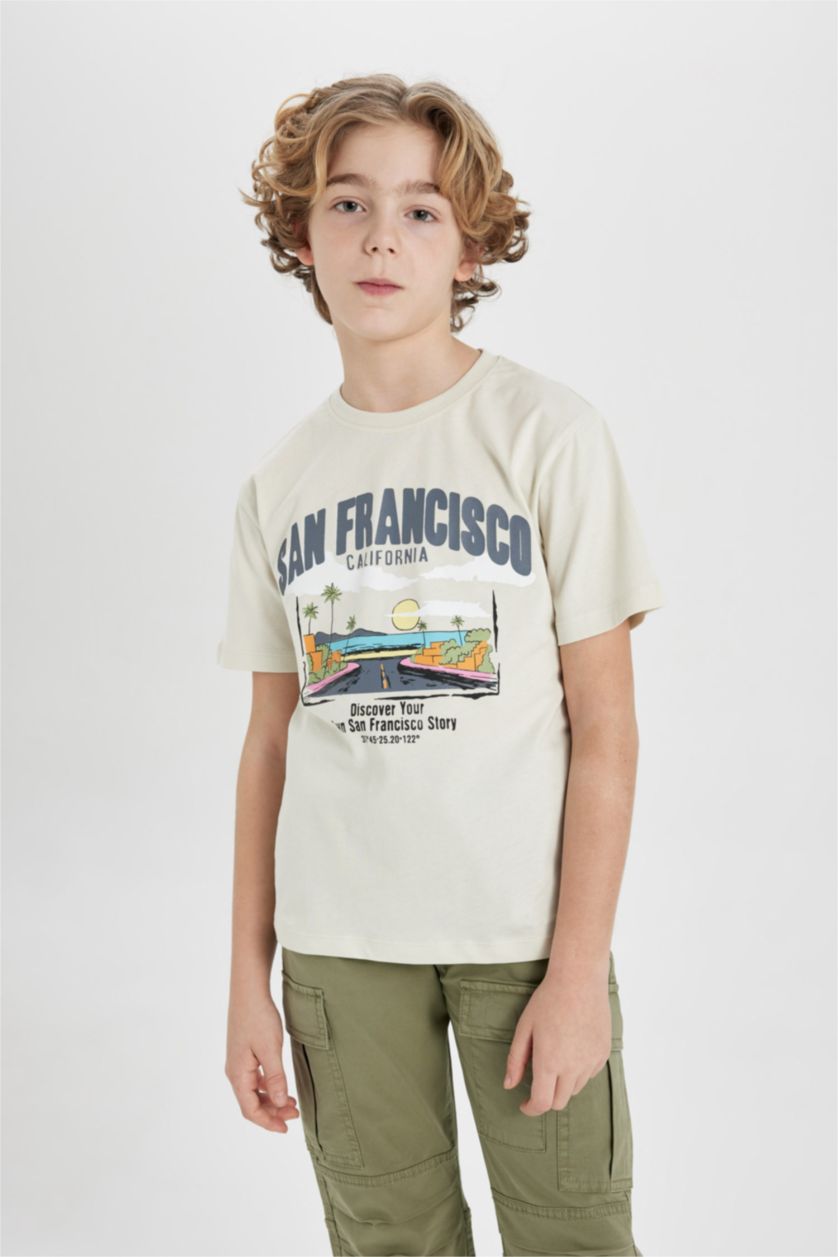 Erkek Çocuk - Genç Erkek Ekru Bisiklet Yaka Baskılı Kısa Kollu Tişört Erkek Çocuk