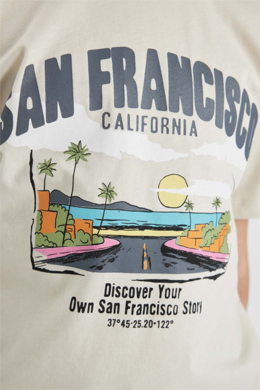 Erkek Çocuk - Genç Erkek Ekru Bisiklet Yaka Baskılı Kısa Kollu Tişört Erkek Çocuk