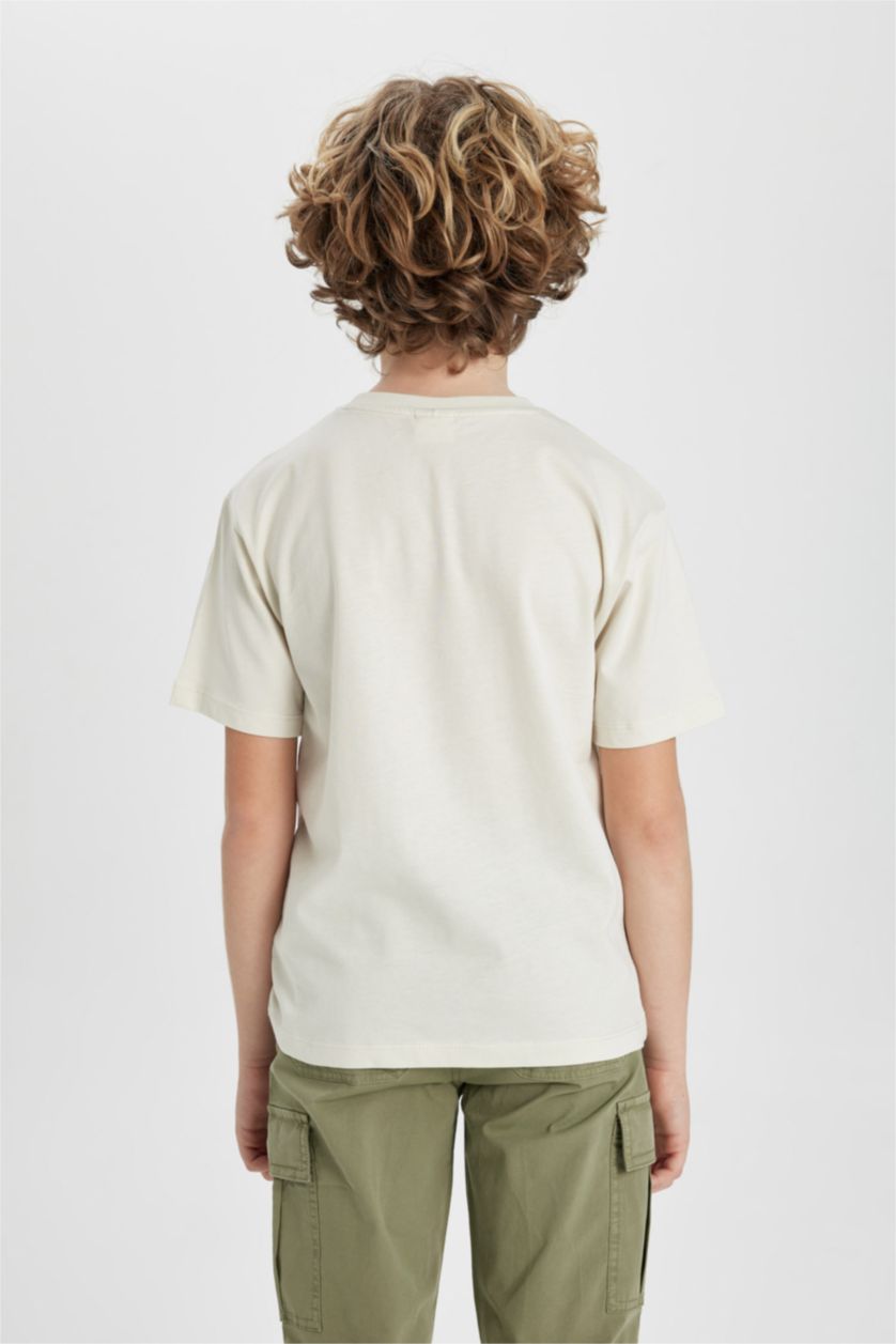 Erkek Çocuk - Genç Erkek Ekru Bisiklet Yaka Baskılı Kısa Kollu Tişört Erkek Çocuk