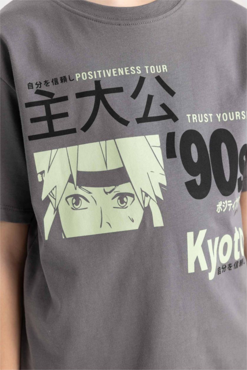 Erkek Çocuk - Genç Erkek Gri Bisiklet Yaka Baskılı Kısa Kollu Tişört Erkek Çocuk