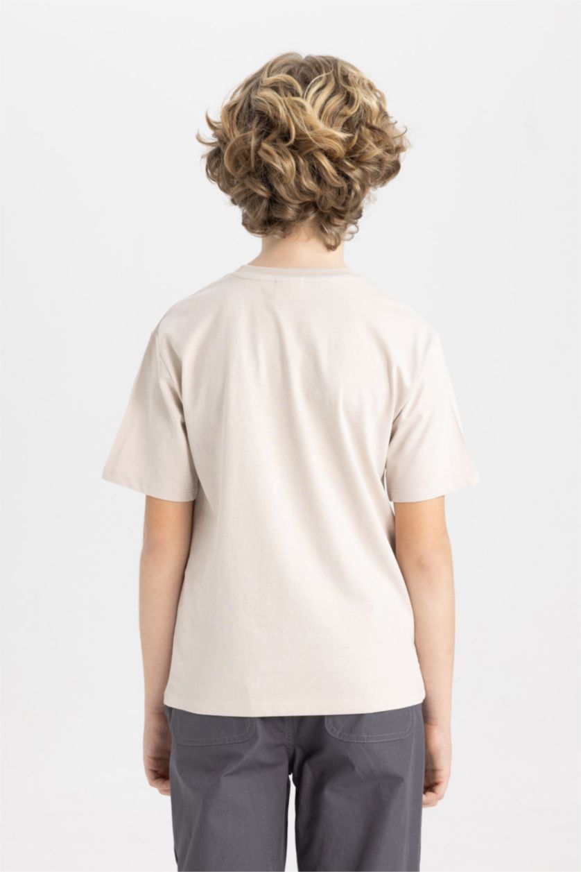 Erkek Çocuk - Genç Erkek Bej Bisiklet Yaka Baskılı Kısa Kollu Tişört Erkek Çocuk