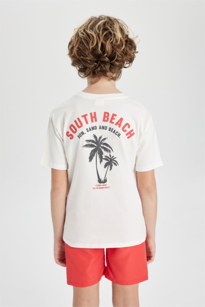 Erkek Çocuk - Genç Erkek Ekru Erkek Çocuk Bisiklet Yaka Sırt Baskılı Kısa Kollu Tişört