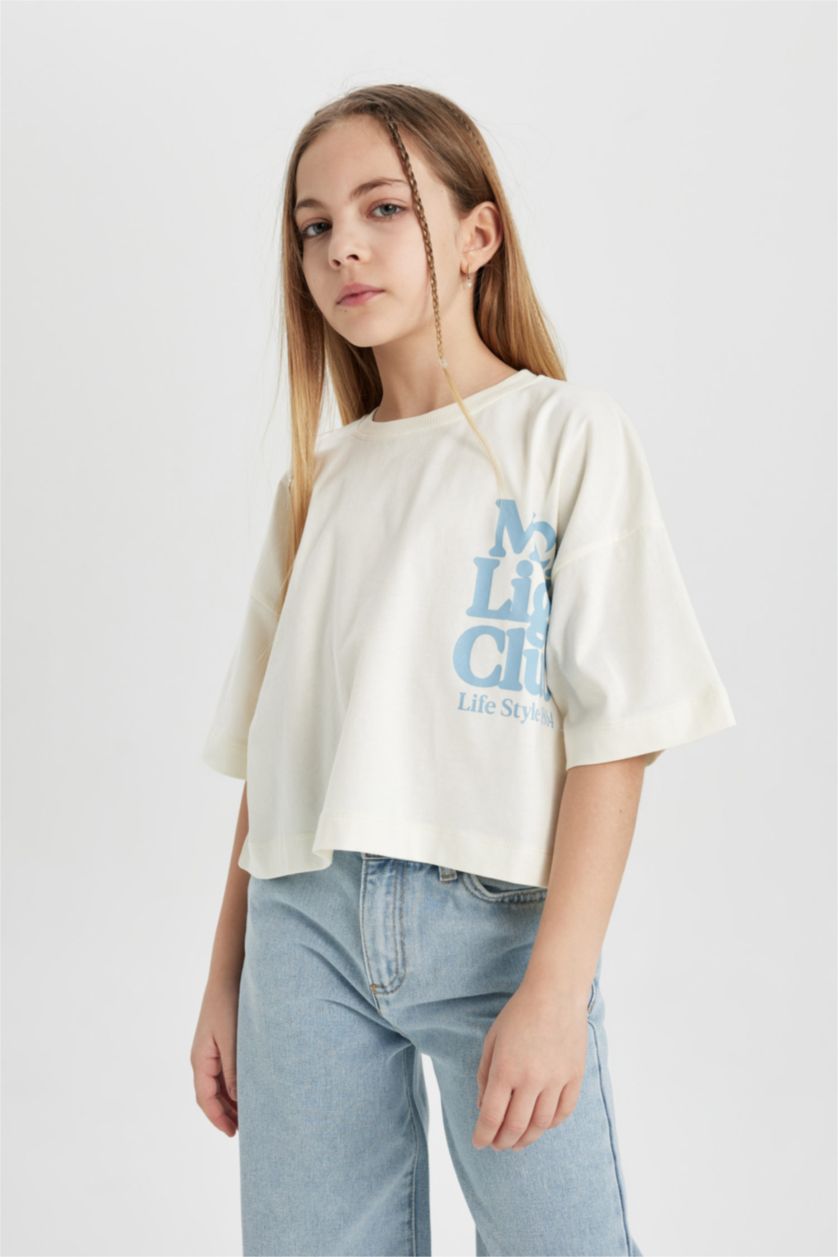 GIRLS & TEENS White Girl Crew Neck Printed Crop Short Sleeve T-Shirt