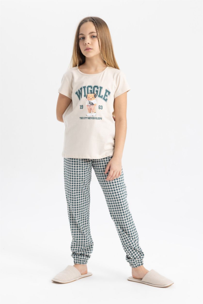 بنات حجري فاتح سيت بجامة بناتي قصة عادية نص ردن مطبوع  - قطعتين