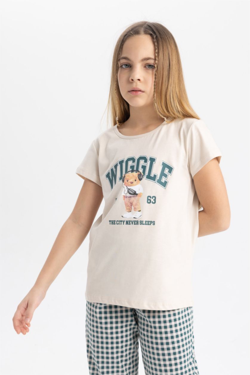 بنات حجري فاتح سيت بجامة بناتي قصة عادية نص ردن مطبوع  - قطعتين