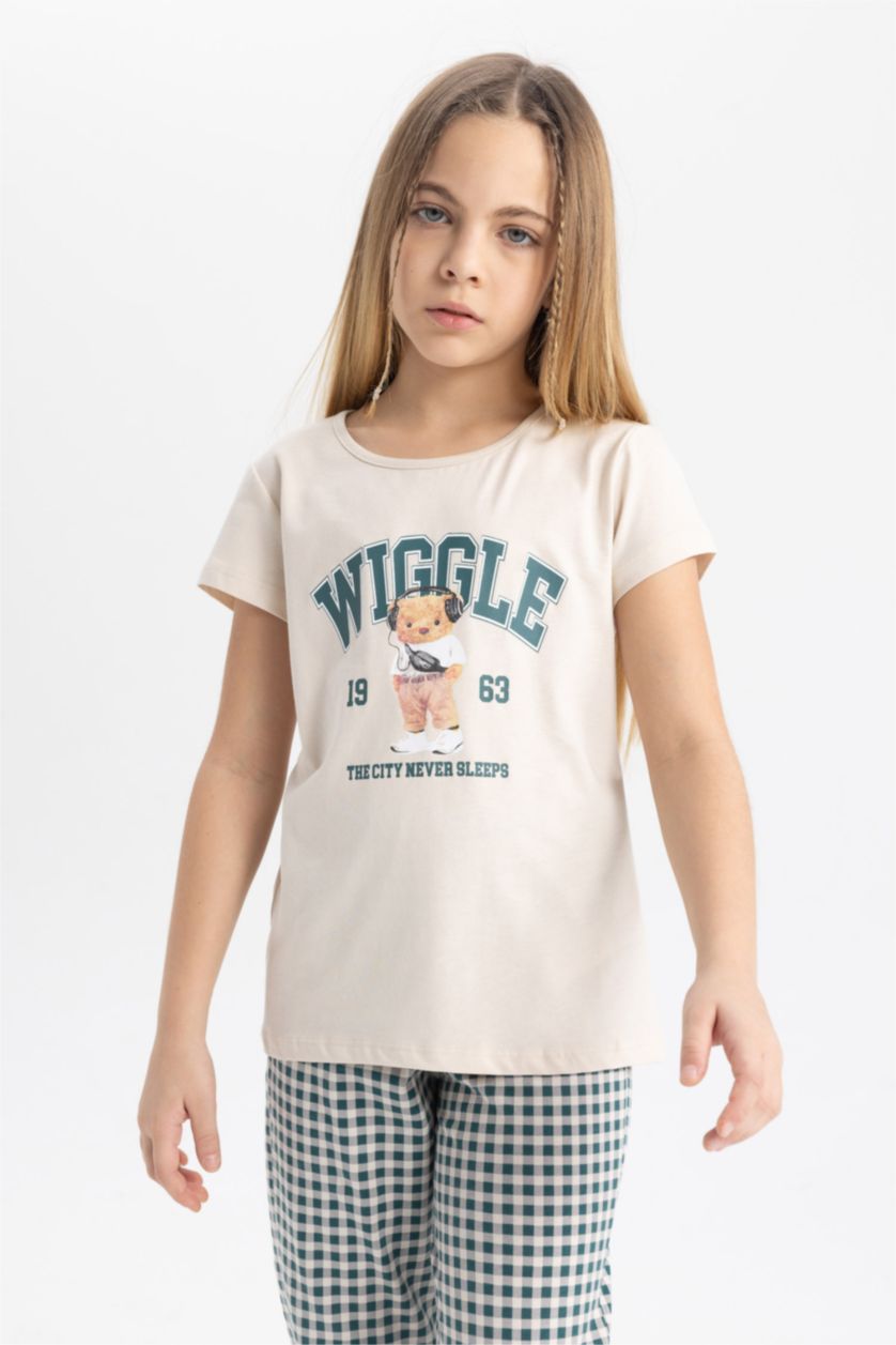 بنات حجري فاتح سيت بجامة بناتي قصة عادية نص ردن مطبوع  - قطعتين