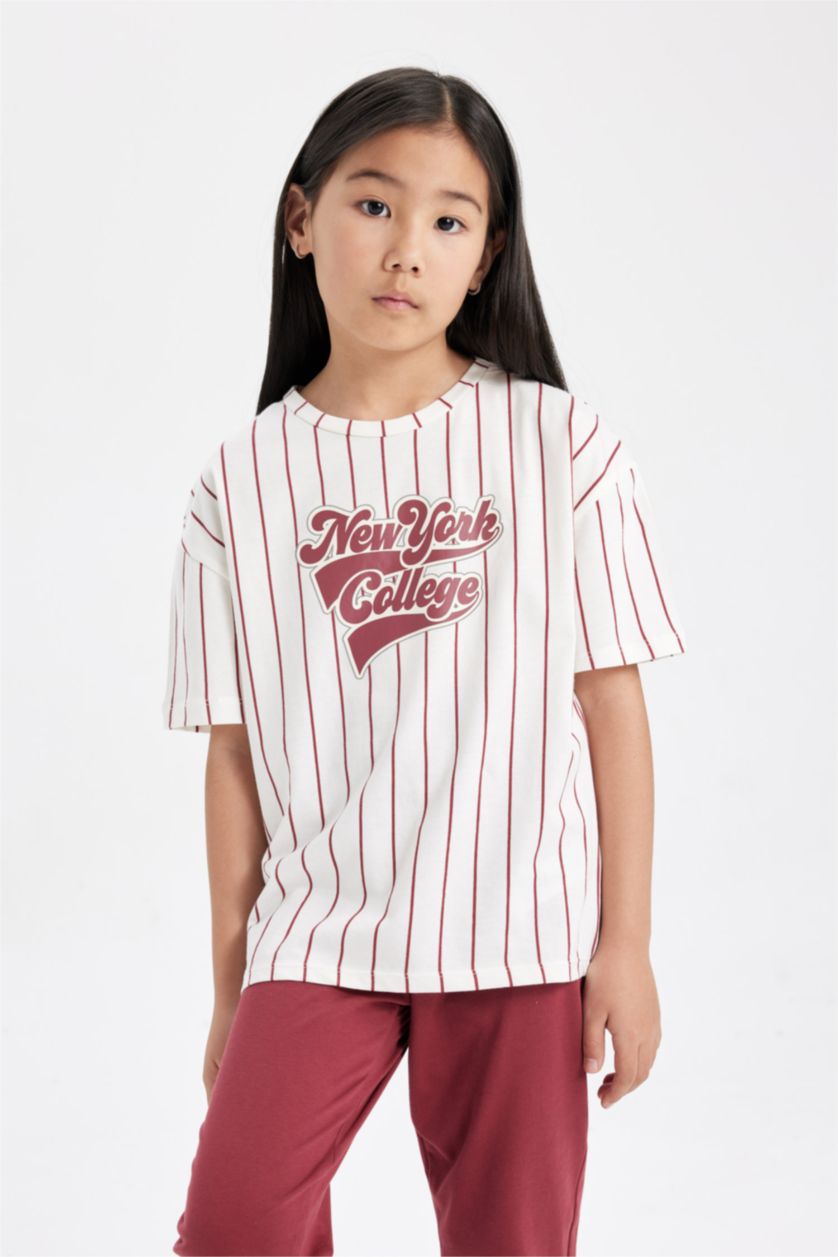 GIRLS & TEENS Ecru Girl Striped Short Sleeve 2 Piece Pajama Set