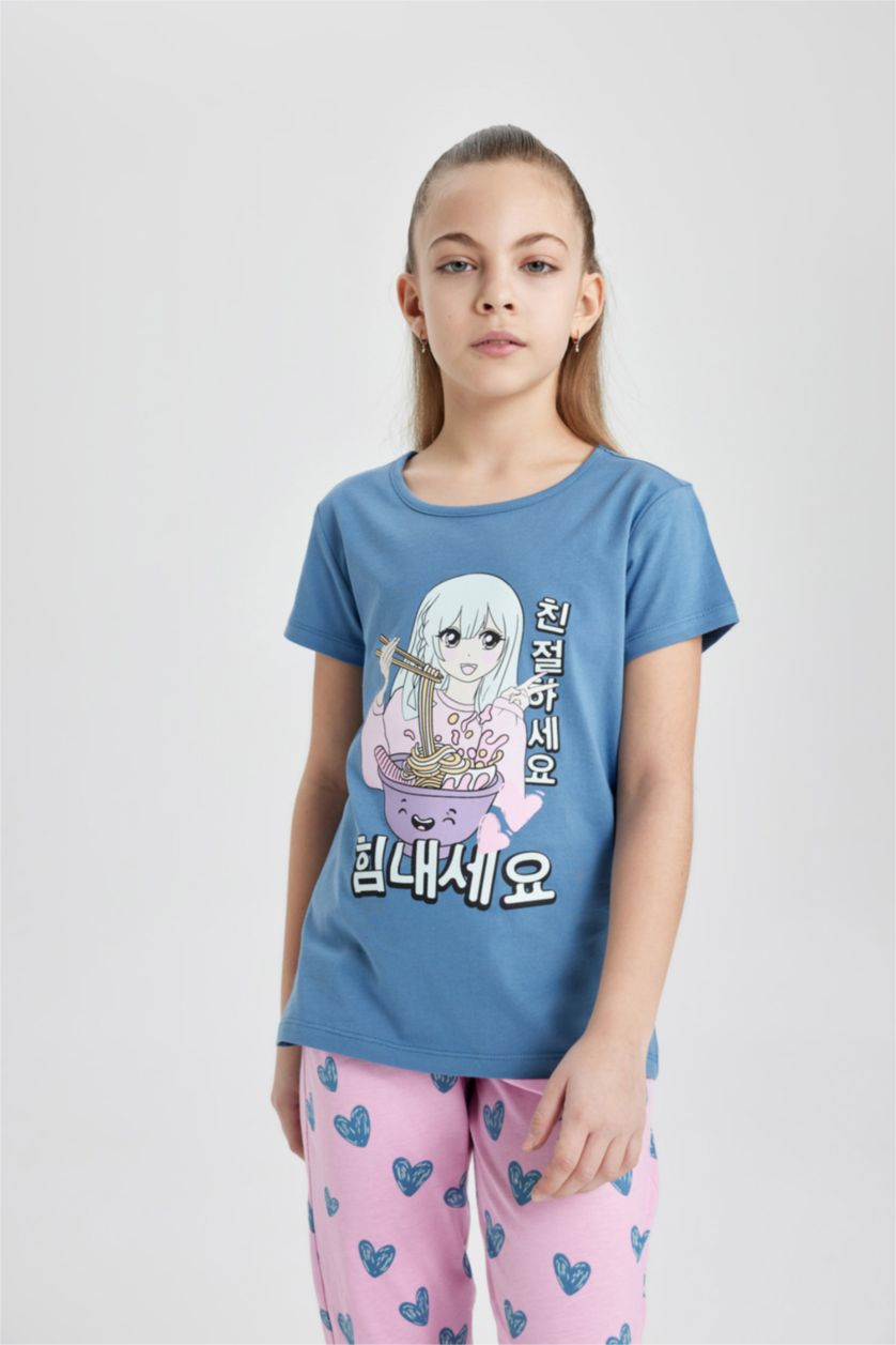 Kız Çocuk - Genç Kız Mavi Kız Çocuk Pijama Takımı Baskılı Kısa Kollu Üst Kalp Desenli Uzun Alt