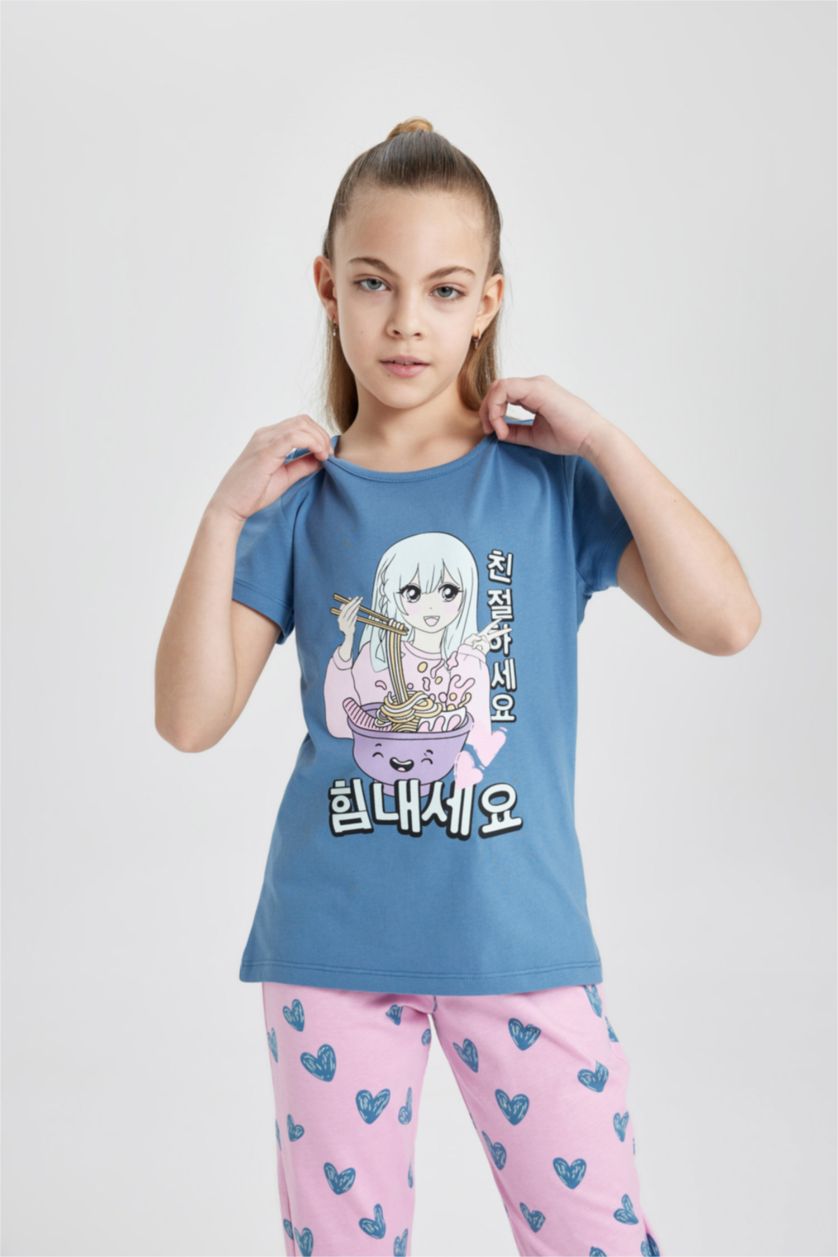 Kız Çocuk - Genç Kız Mavi Kız Çocuk Pijama Takımı Baskılı Kısa Kollu Üst Kalp Desenli Uzun Alt