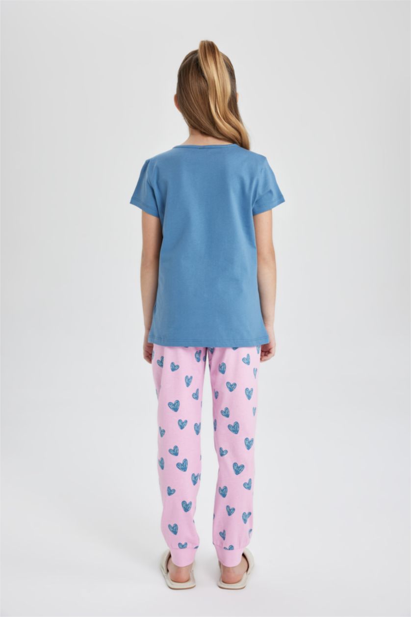 Kız Çocuk - Genç Kız Mavi Kız Çocuk Pijama Takımı Baskılı Kısa Kollu Üst Kalp Desenli Uzun Alt