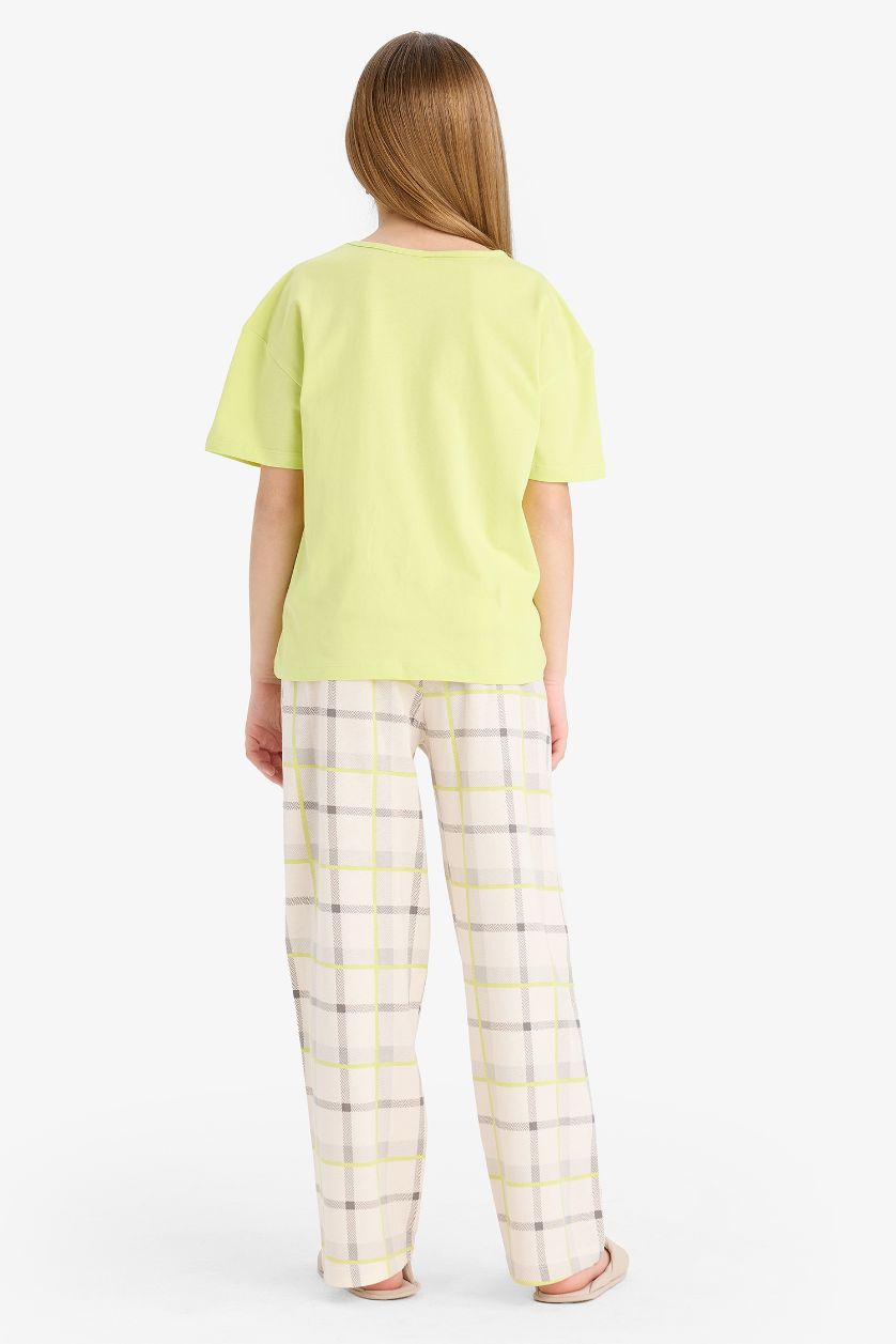 بناتي أخضر فاتح طقم بيجاما بناتي مطرز قصة عادية - قطعتين