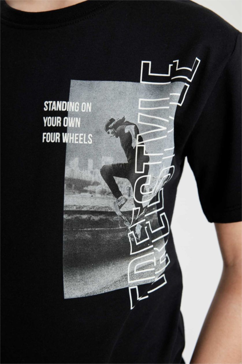 أولاد أسود تي شيرت اولادي نص كم قصة عادية برقبة مستديرة