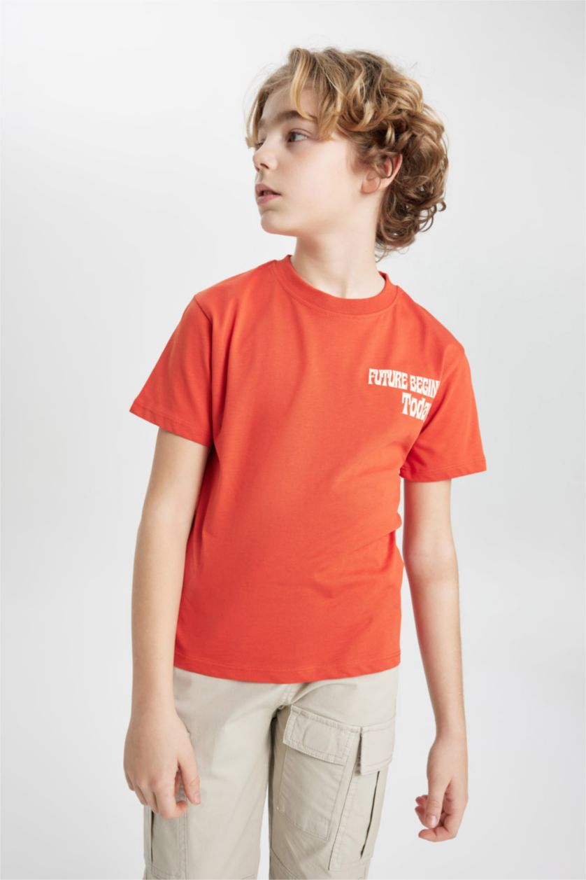 Boys & Teens Dark Orange Boy Crew Neck Printed Short Sleeve T-Shirt