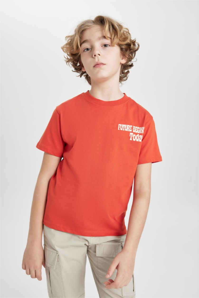 Boys & Teens Dark Orange Boy Crew Neck Printed Short Sleeve T-Shirt