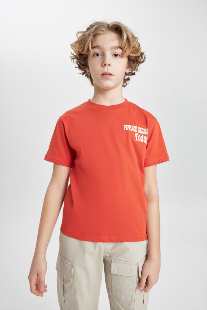 Boys & Teens Dark Orange Boy Crew Neck Printed Short Sleeve T-Shirt