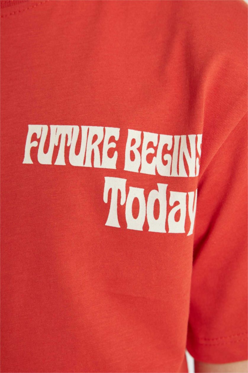 Boys & Teens Dark Orange Boy Crew Neck Printed Short Sleeve T-Shirt