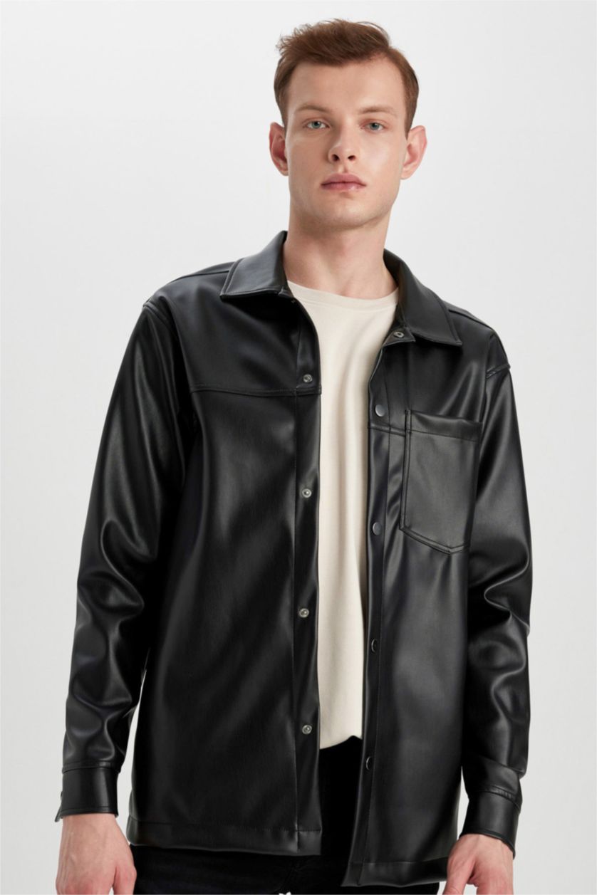 MAN Black Relax Fit Leather Long Sleeve Shirt