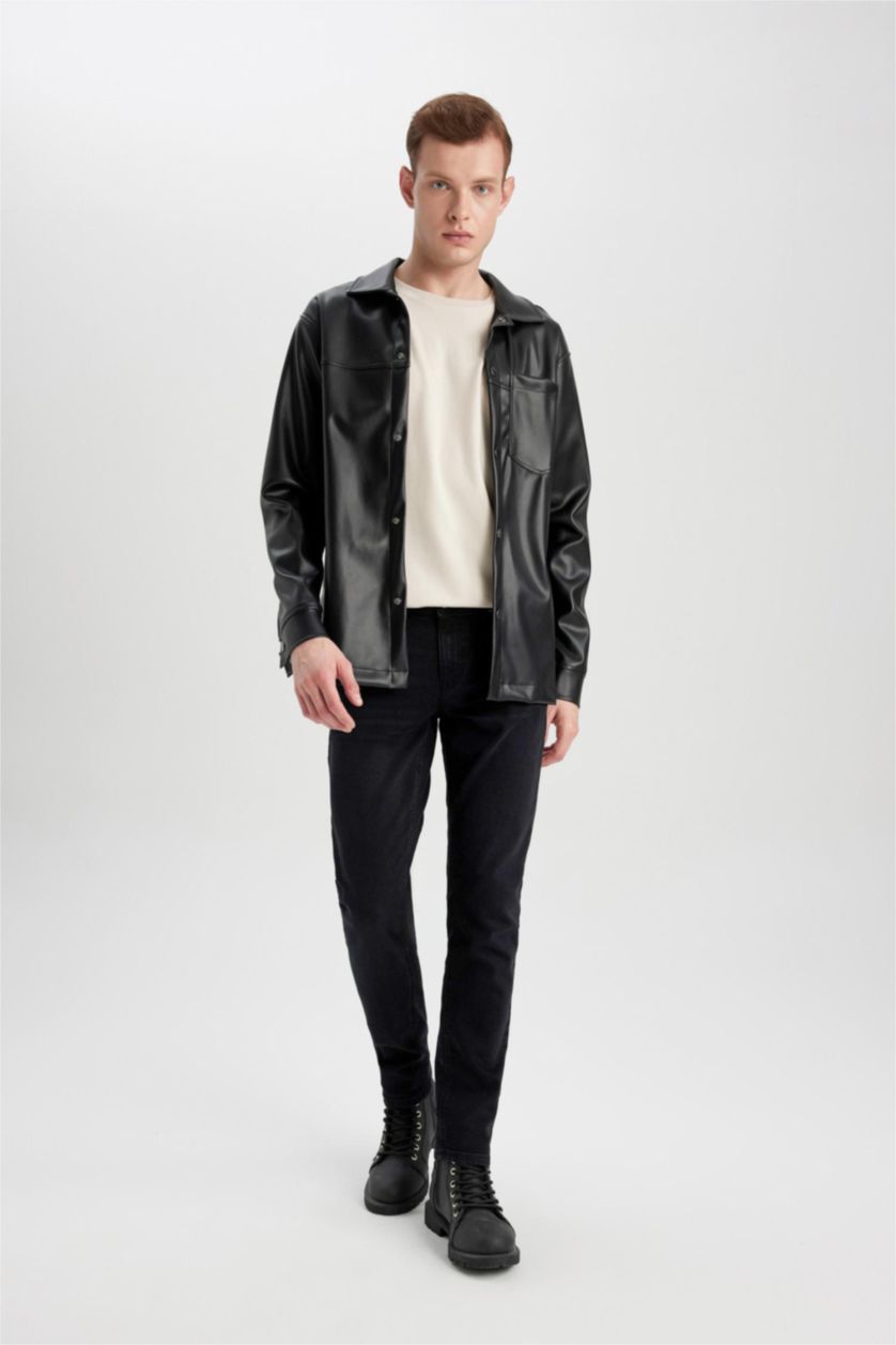 MAN Black Relax Fit Leather Long Sleeve Shirt