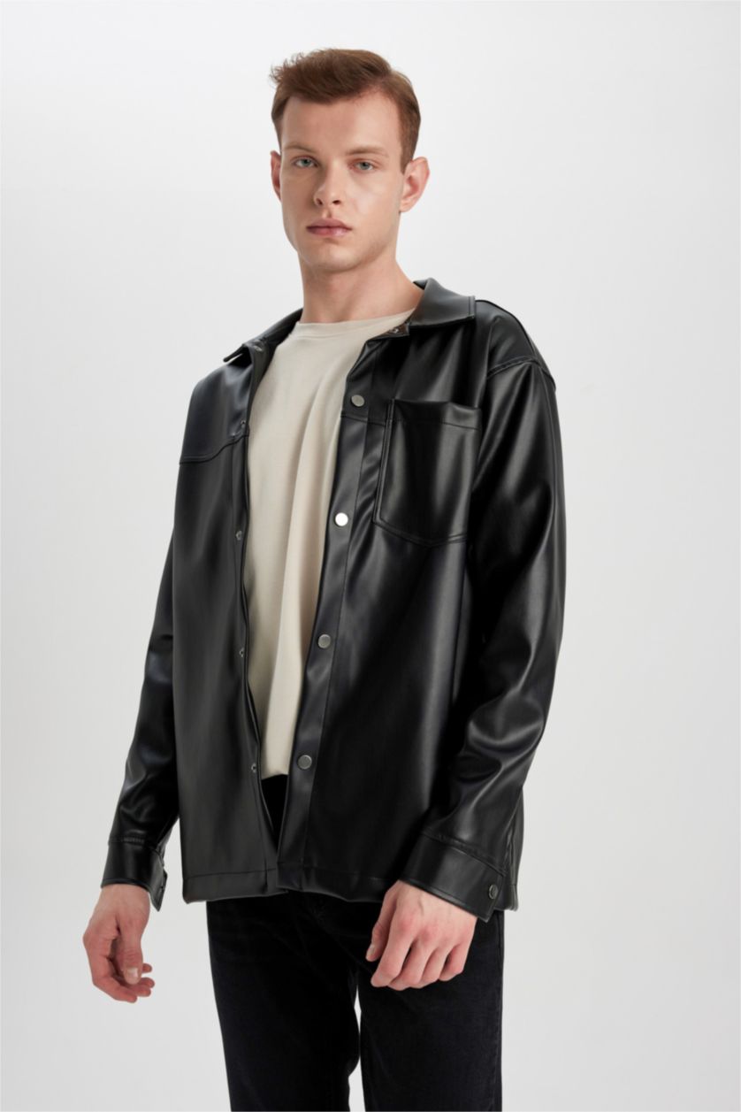 MAN Black Relax Fit Leather Long Sleeve Shirt