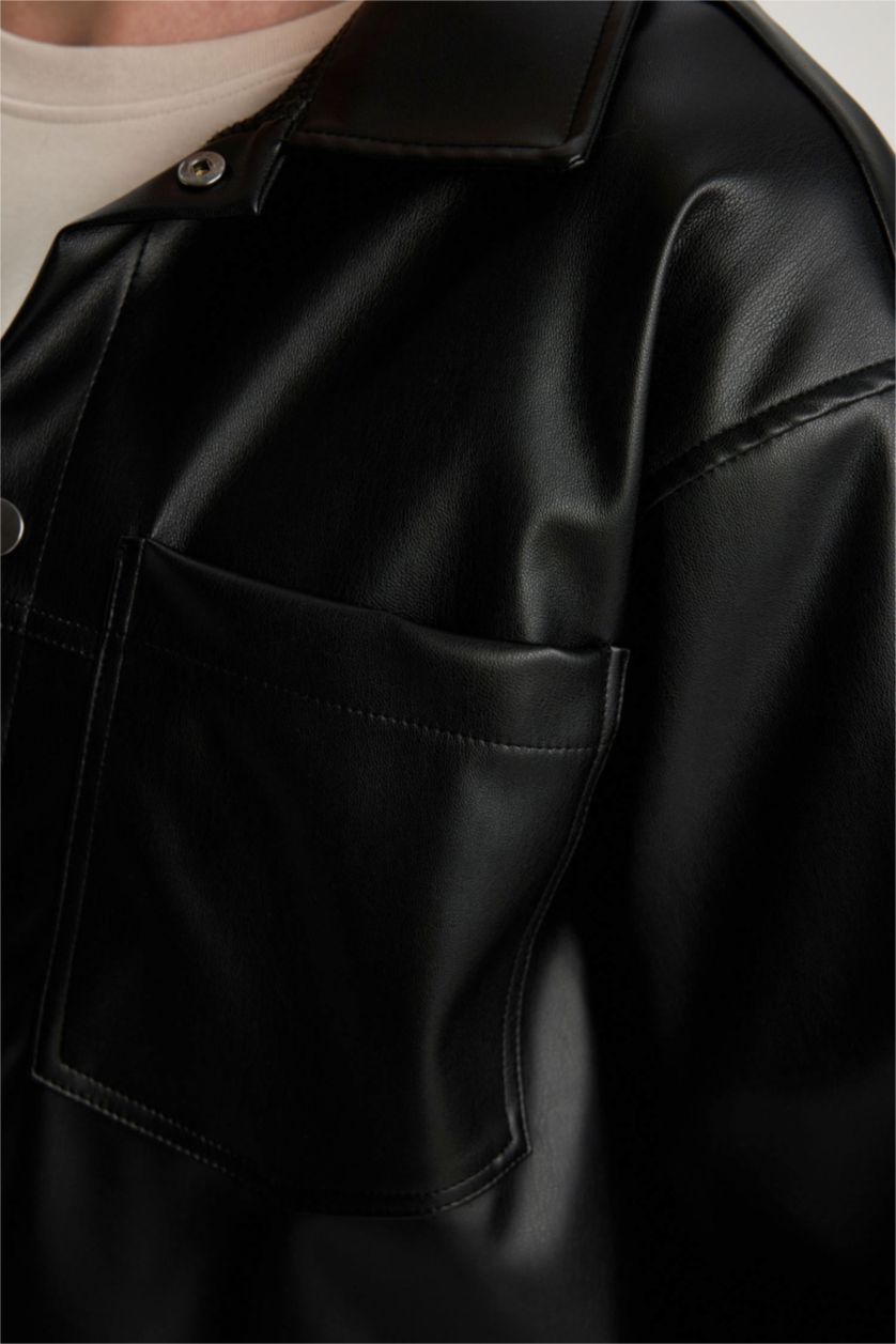 MAN Black Relax Fit Leather Long Sleeve Shirt