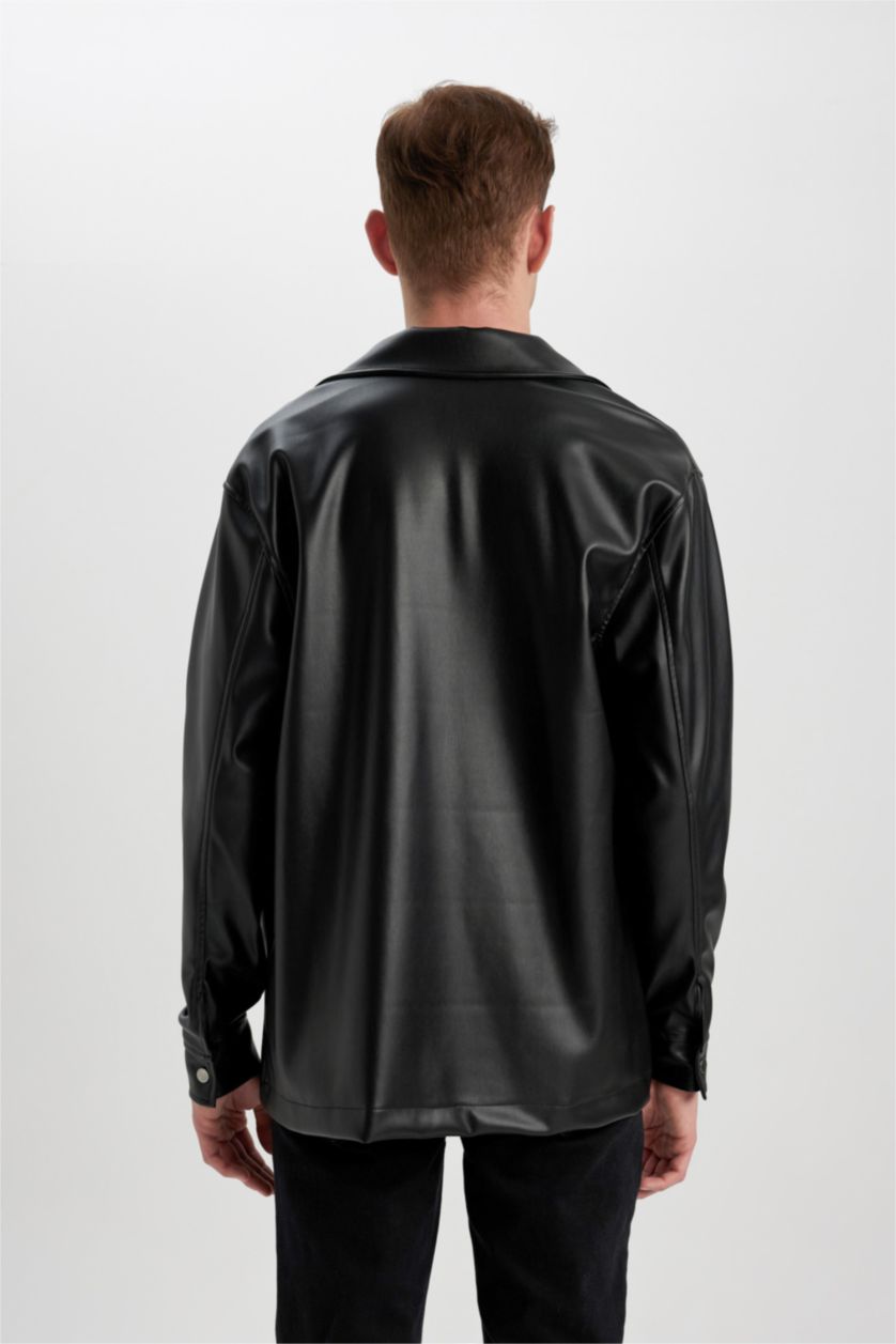MAN Black Relax Fit Leather Long Sleeve Shirt
