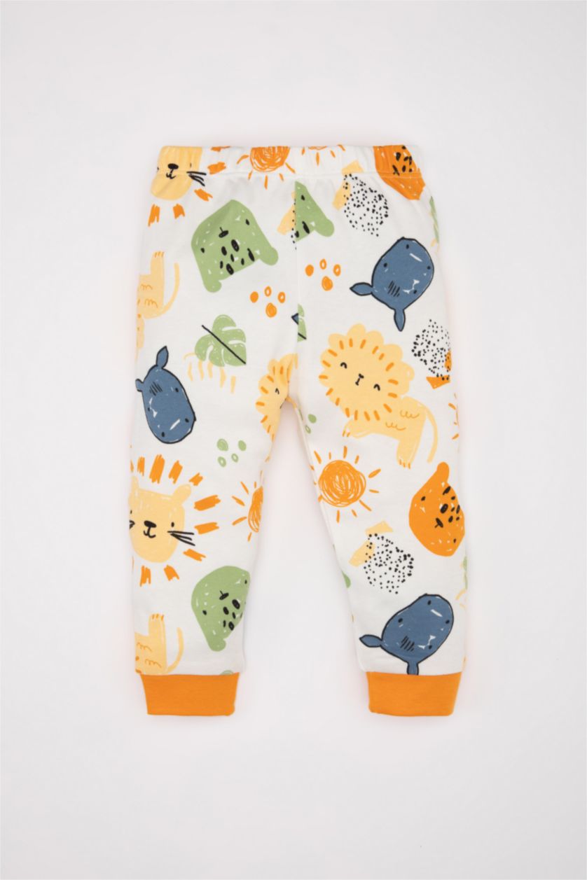 Erkek Bebek Ekru Erkek Bebek Pijama Takımı Safari Desenli Penye Kısa Kollu Üst Uzun Alt