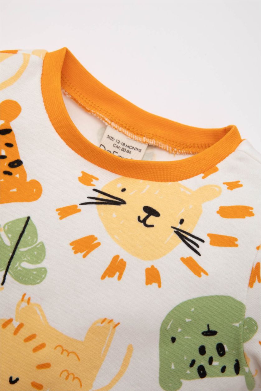 Erkek Bebek Ekru Erkek Bebek Pijama Takımı Safari Desenli Penye Kısa Kollu Üst Uzun Alt