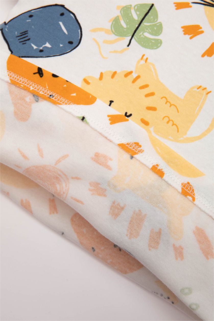 Erkek Bebek Ekru Erkek Bebek Pijama Takımı Safari Desenli Penye Kısa Kollu Üst Uzun Alt