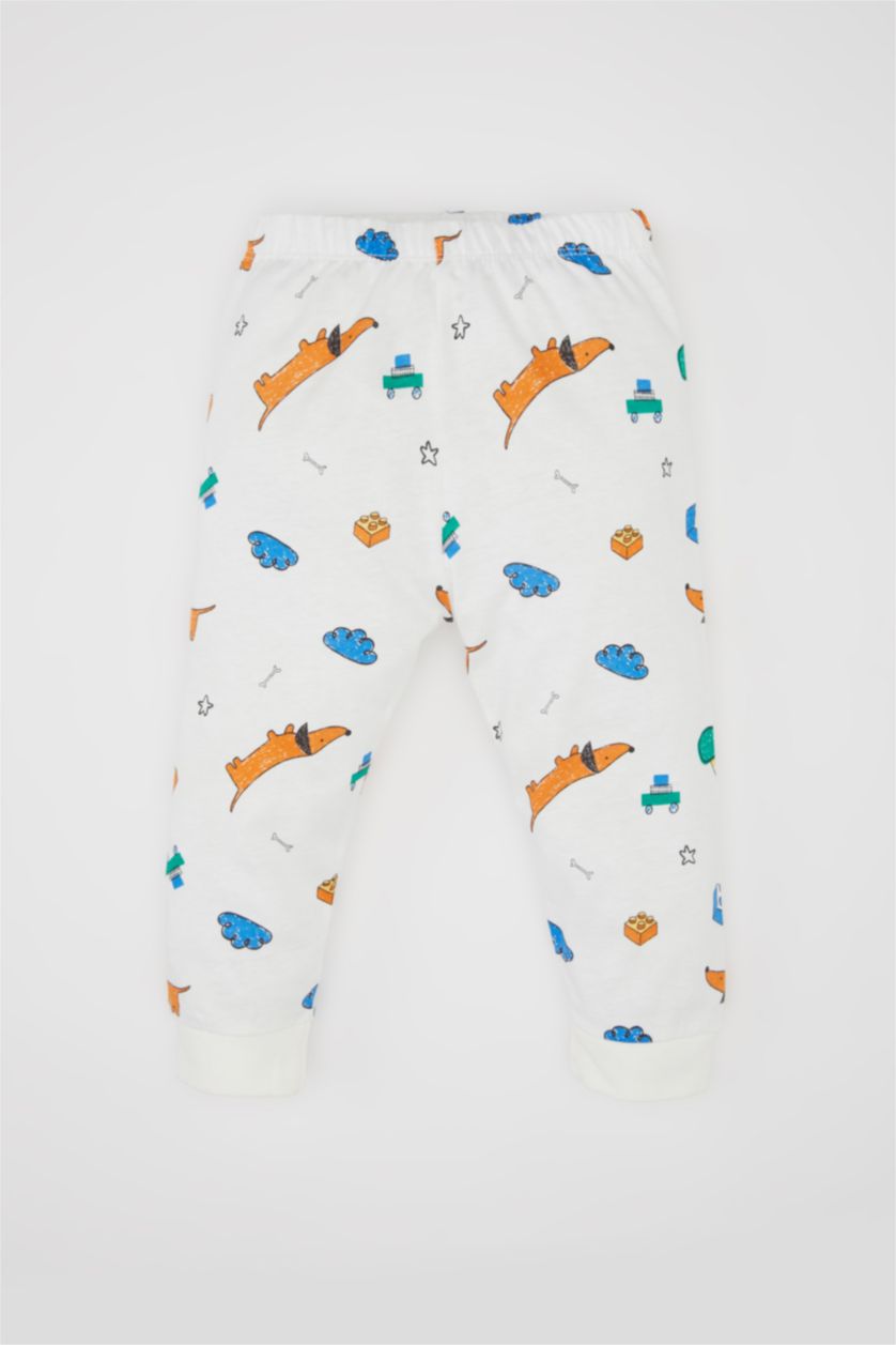 Erkek Bebek Kırık Beyaz Erkek Bebek Pijama Takımı Köpek Baskılı Penye Kısa Kollu Üst Beli Lastikli Uzun Alt