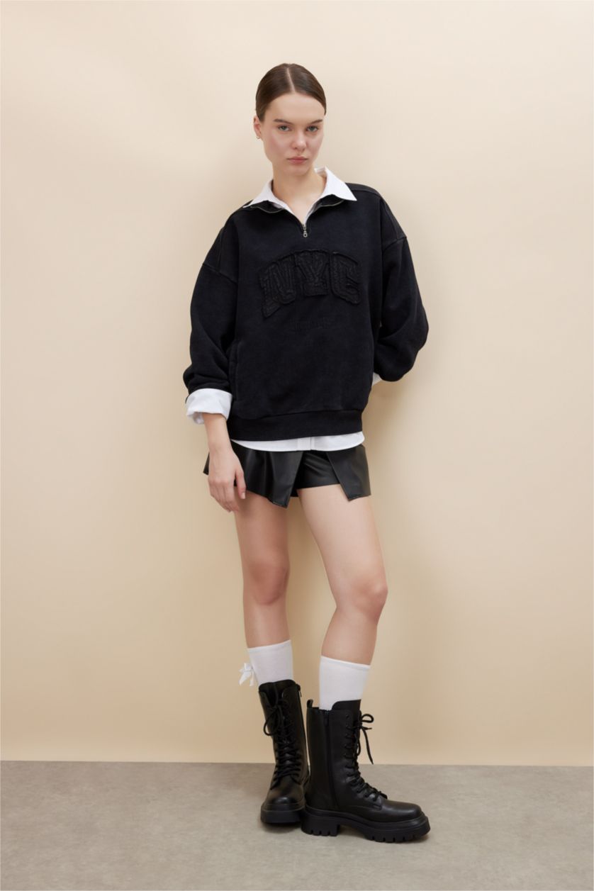 WOMAN Black Oversize Fit Thick Sweatshirt Fabric Sweatshirt