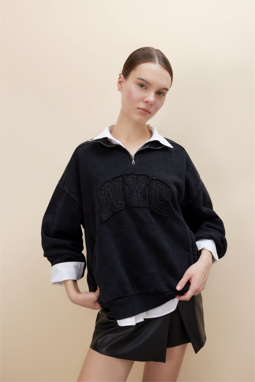 WOMAN Black Oversize Fit Thick Sweatshirt Fabric Sweatshirt