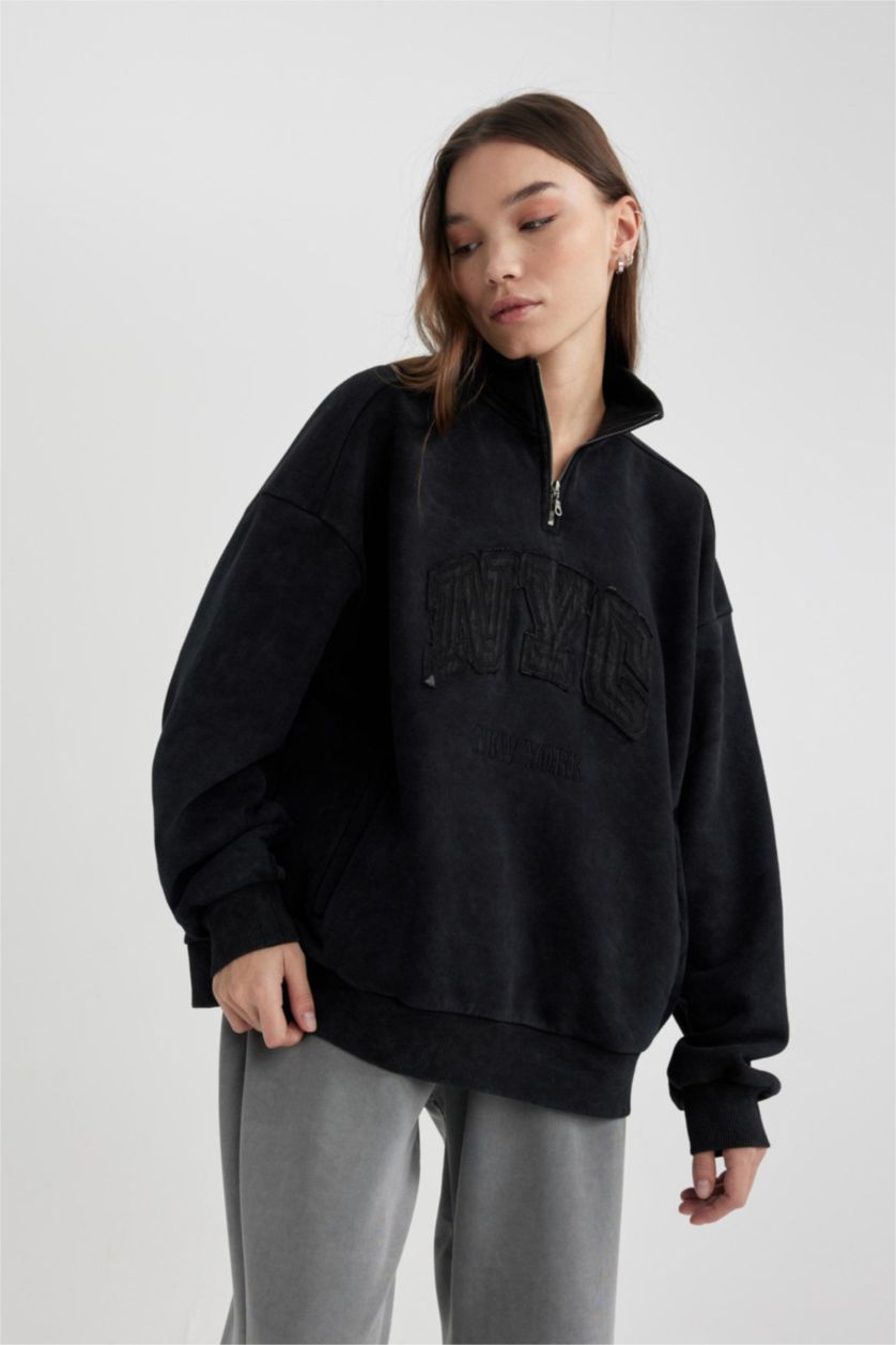 WOMAN Black Oversize Fit Thick Sweatshirt Fabric Sweatshirt