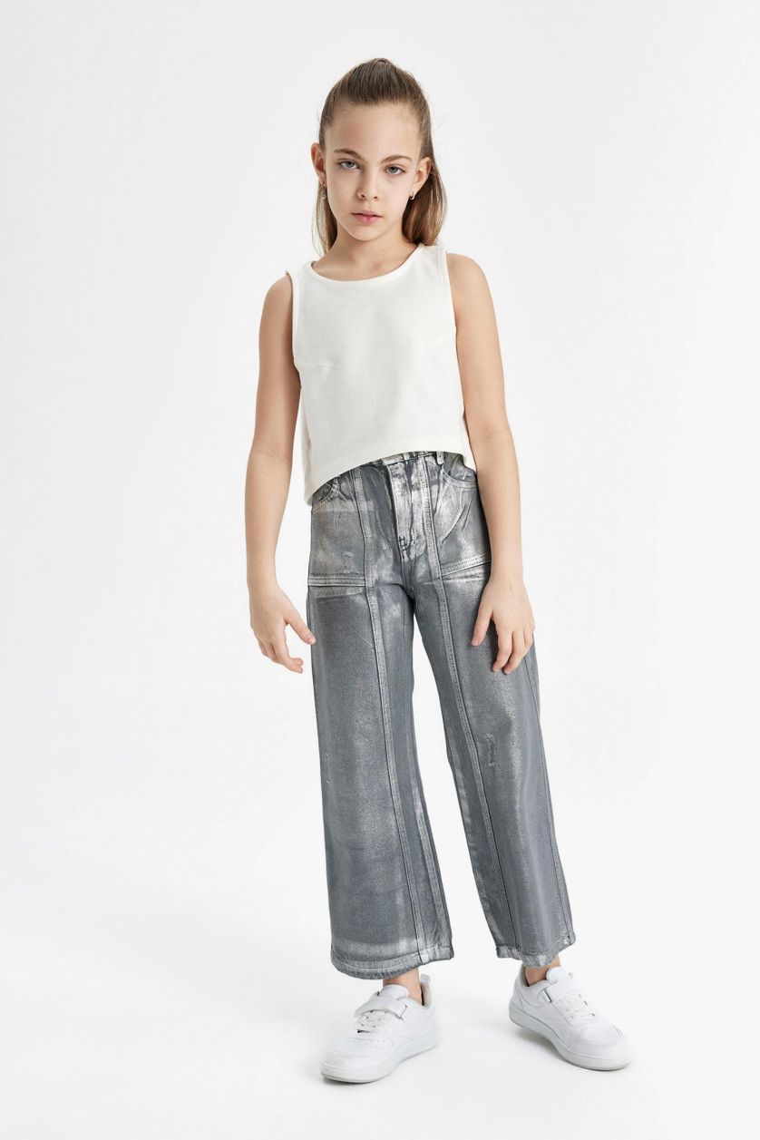 بنات رمادي بنطلون بناتي وايد ليج برجل واسع بجيب