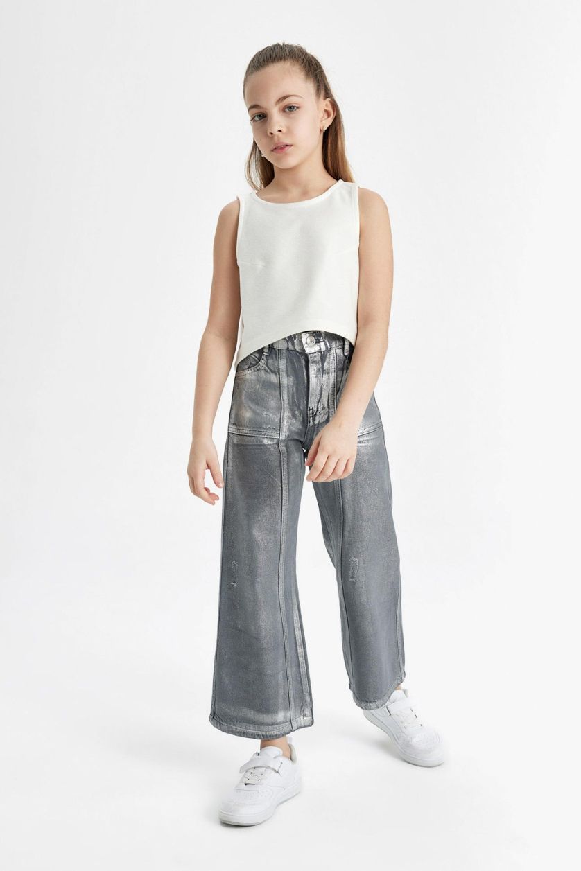 بنات رمادي بنطلون بناتي وايد ليج برجل واسع بجيب