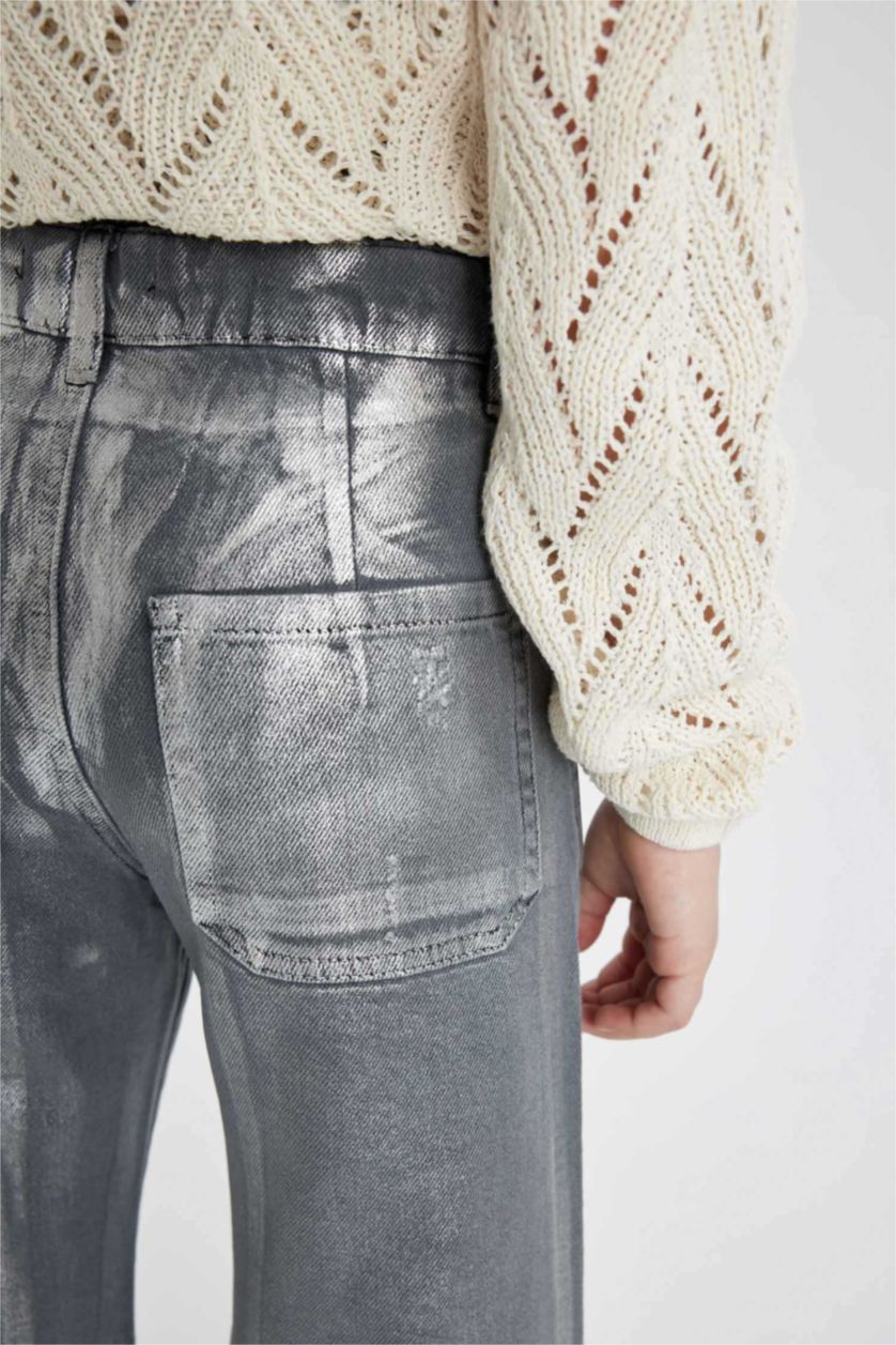 بنات رمادي بنطلون بناتي وايد ليج برجل واسع بجيب