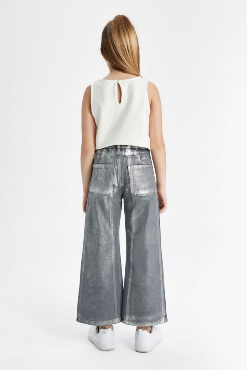 بنات رمادي بنطلون بناتي وايد ليج برجل واسع بجيب