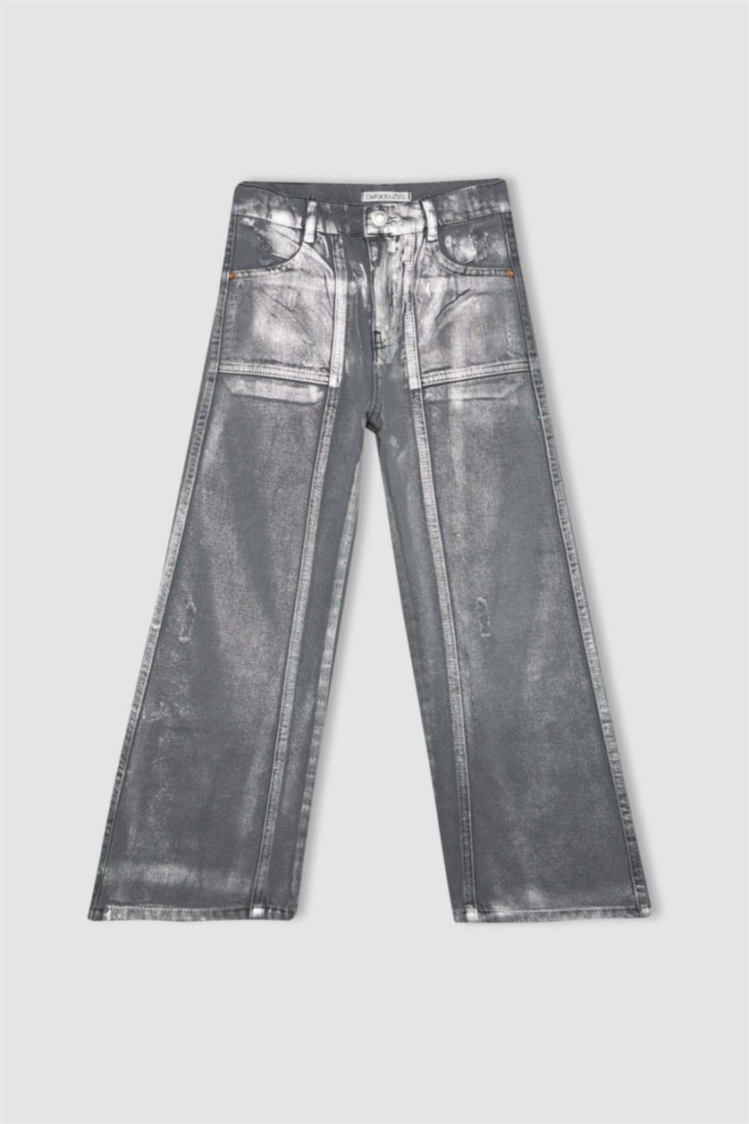 بنات رمادي بنطلون بناتي وايد ليج برجل واسع بجيب