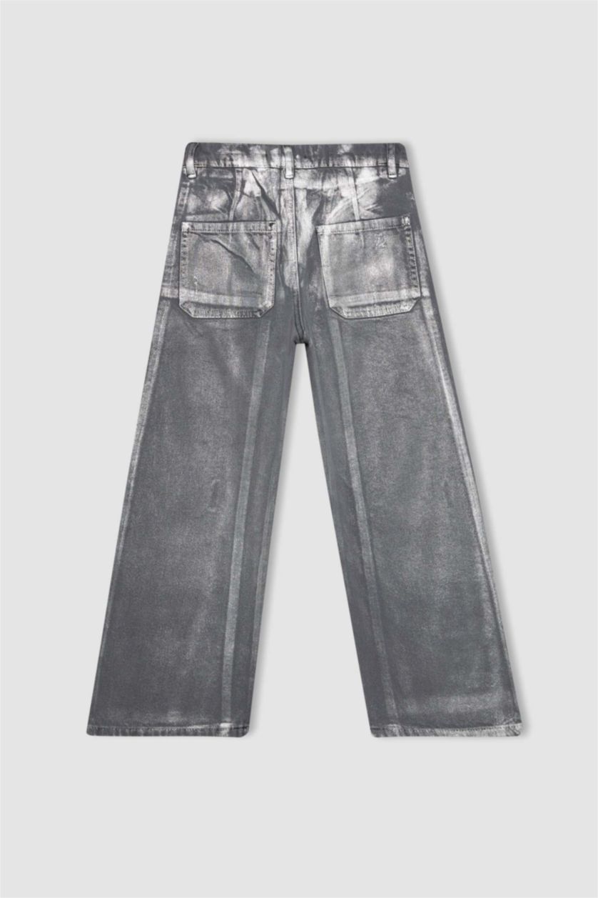 بنات رمادي بنطلون بناتي وايد ليج برجل واسع بجيب