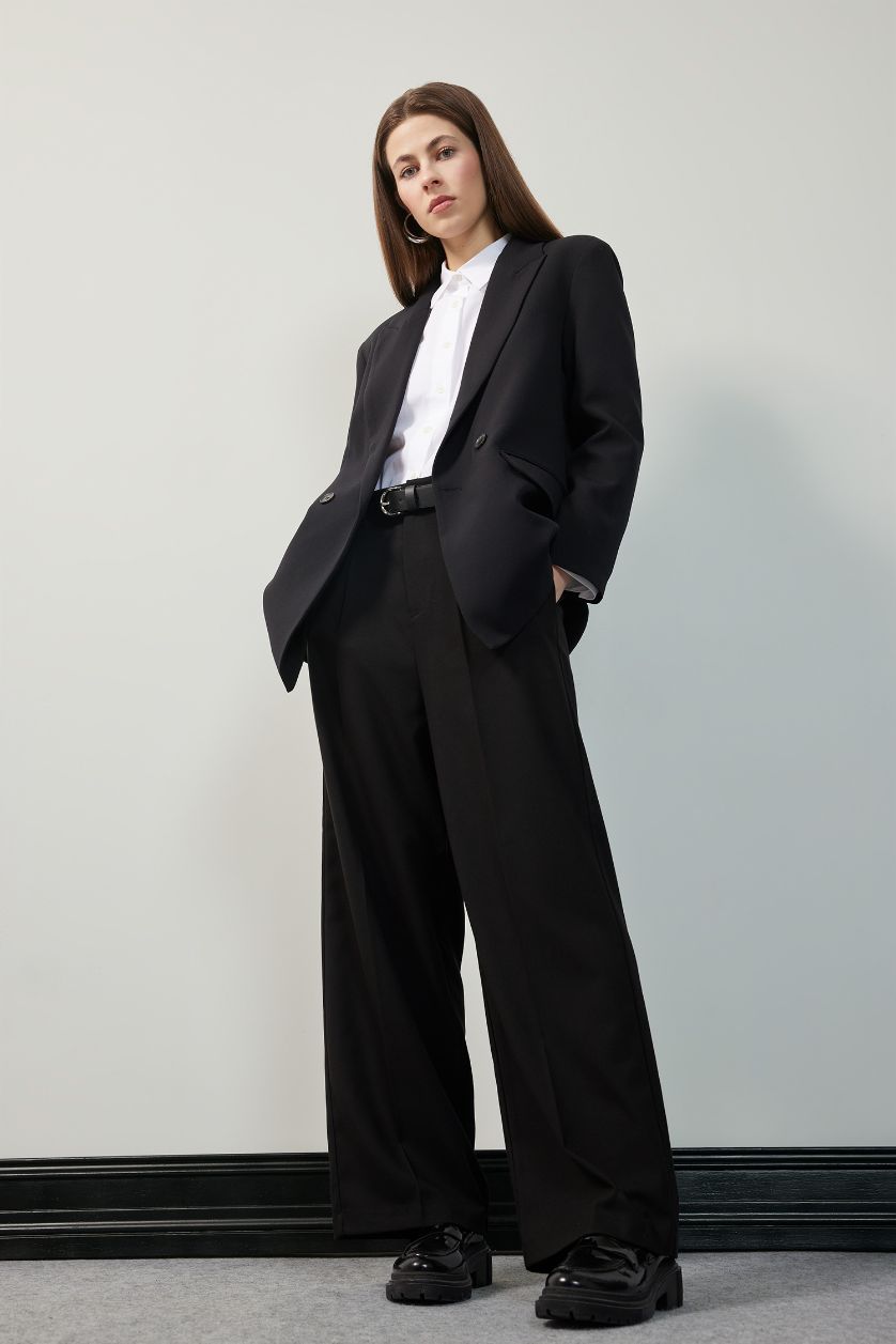 WOMAN Black Wide Leg Pocketed High Waist Basic Classic Black Trousers