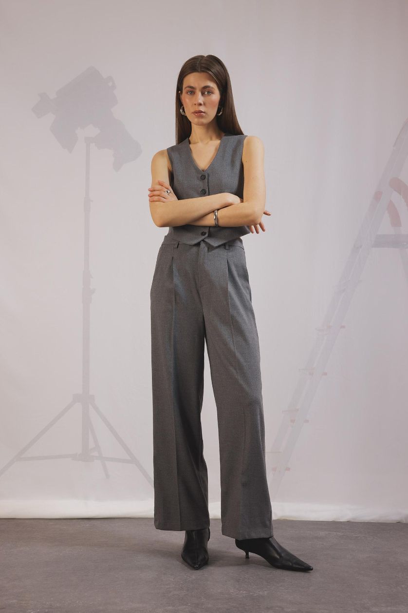 WOMAN Grey Melange Wide Leg Pocketed High Waist Long Length Trousers