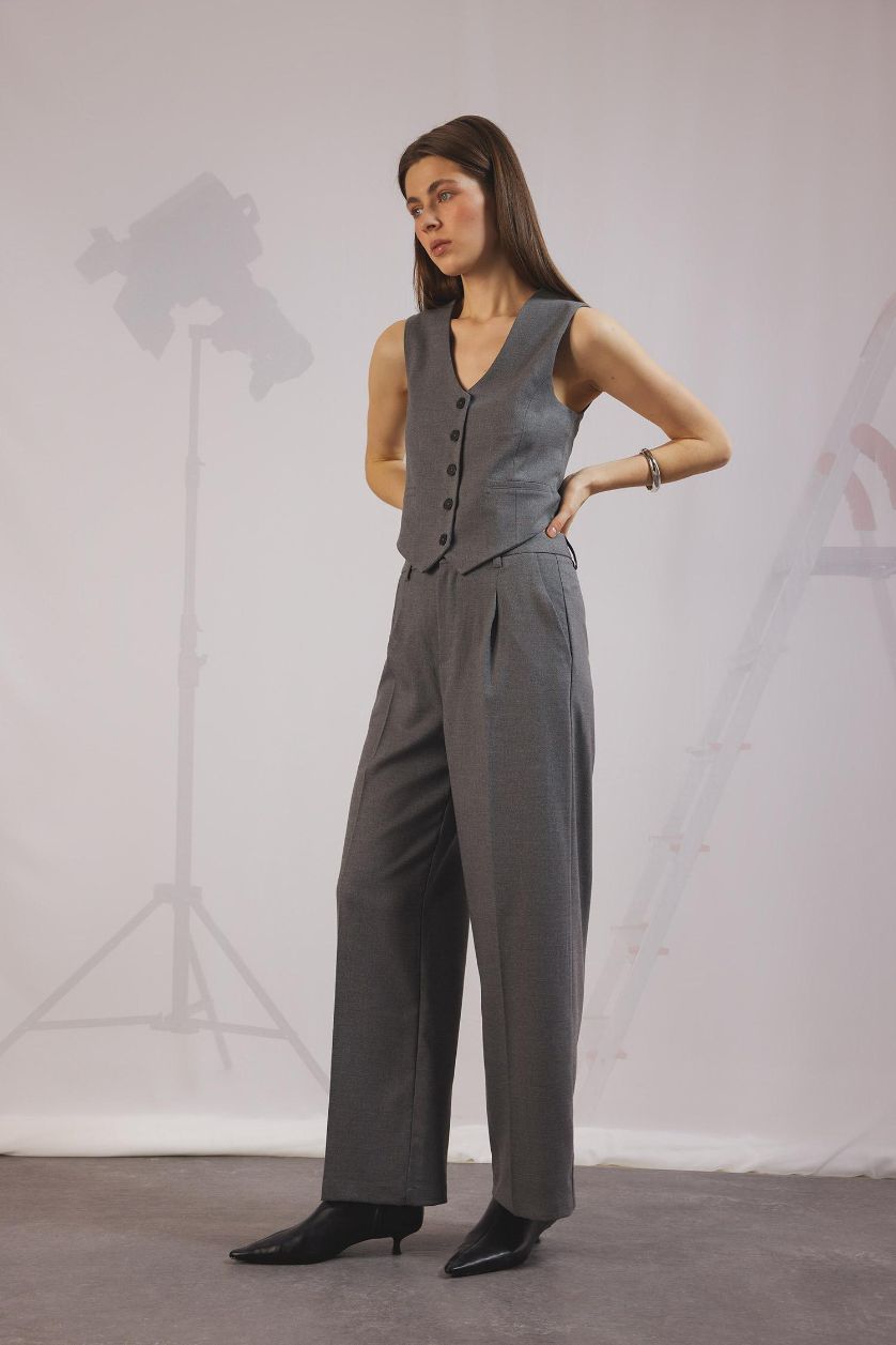 WOMAN Grey Melange Wide Leg Pocketed High Waist Long Length Trousers
