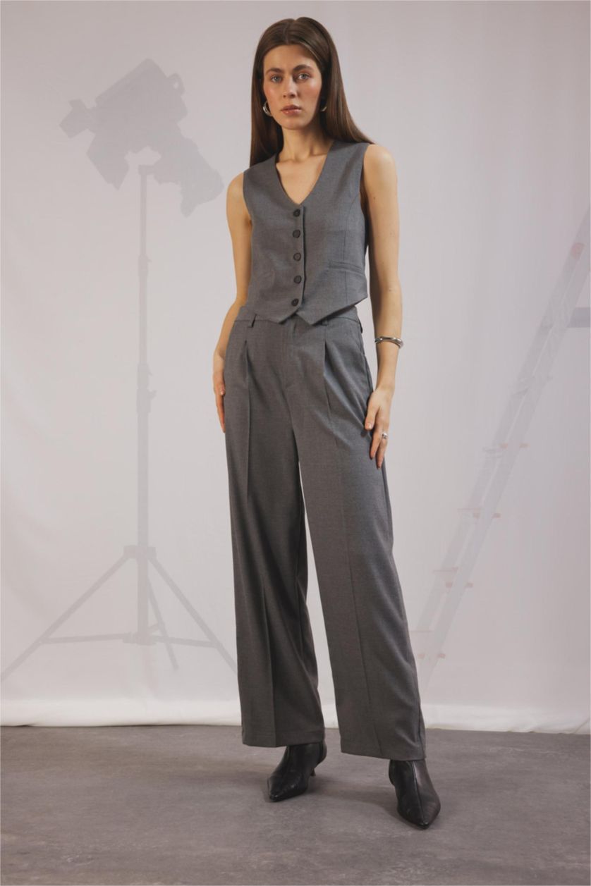 WOMAN Grey Melange Wide Leg Pocketed High Waist Long Length Trousers