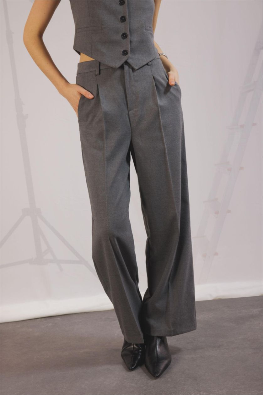 WOMAN Grey Melange Wide Leg Pocketed High Waist Long Length Trousers