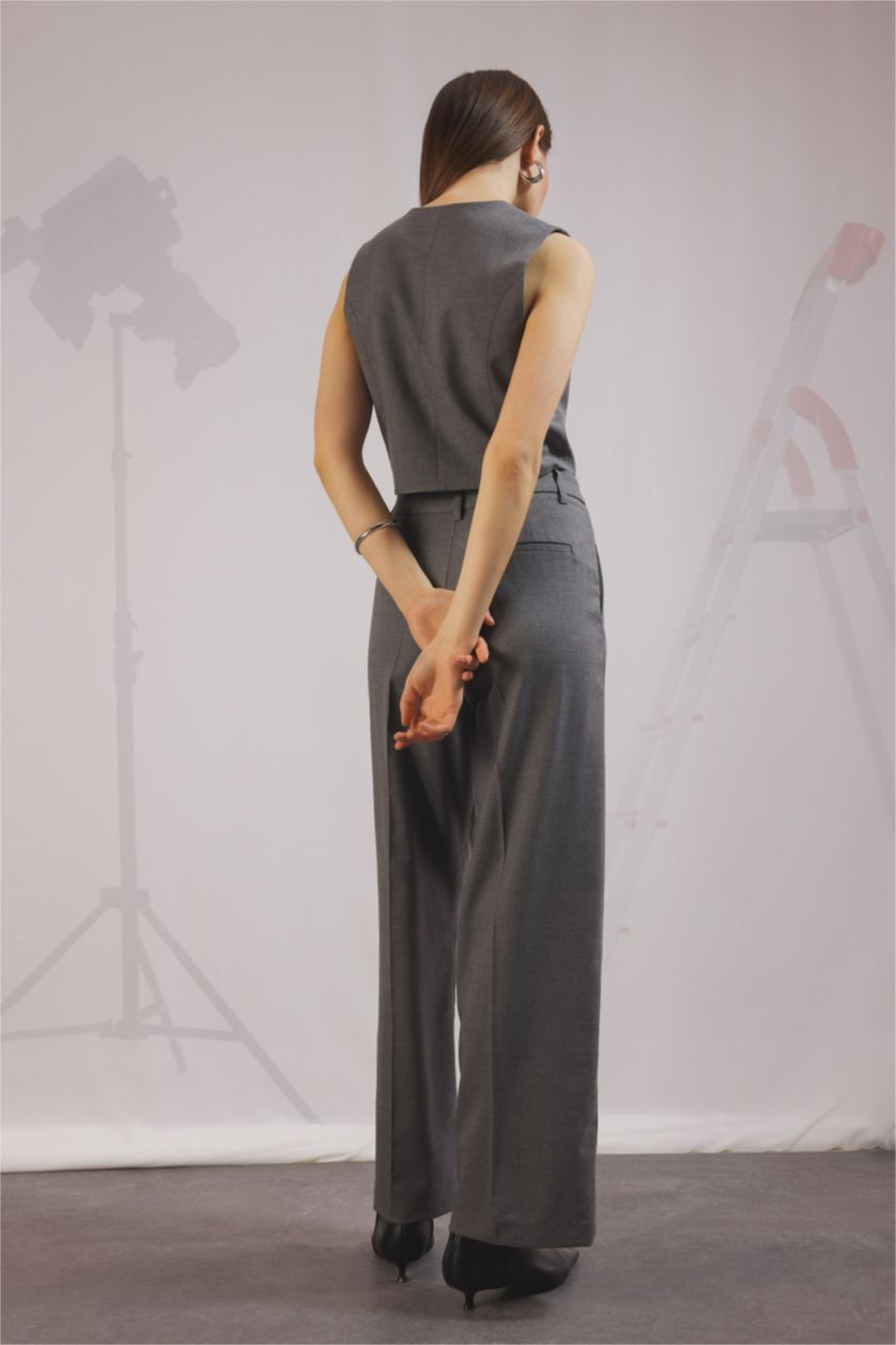 WOMAN Grey Melange Wide Leg Pocketed High Waist Long Length Trousers