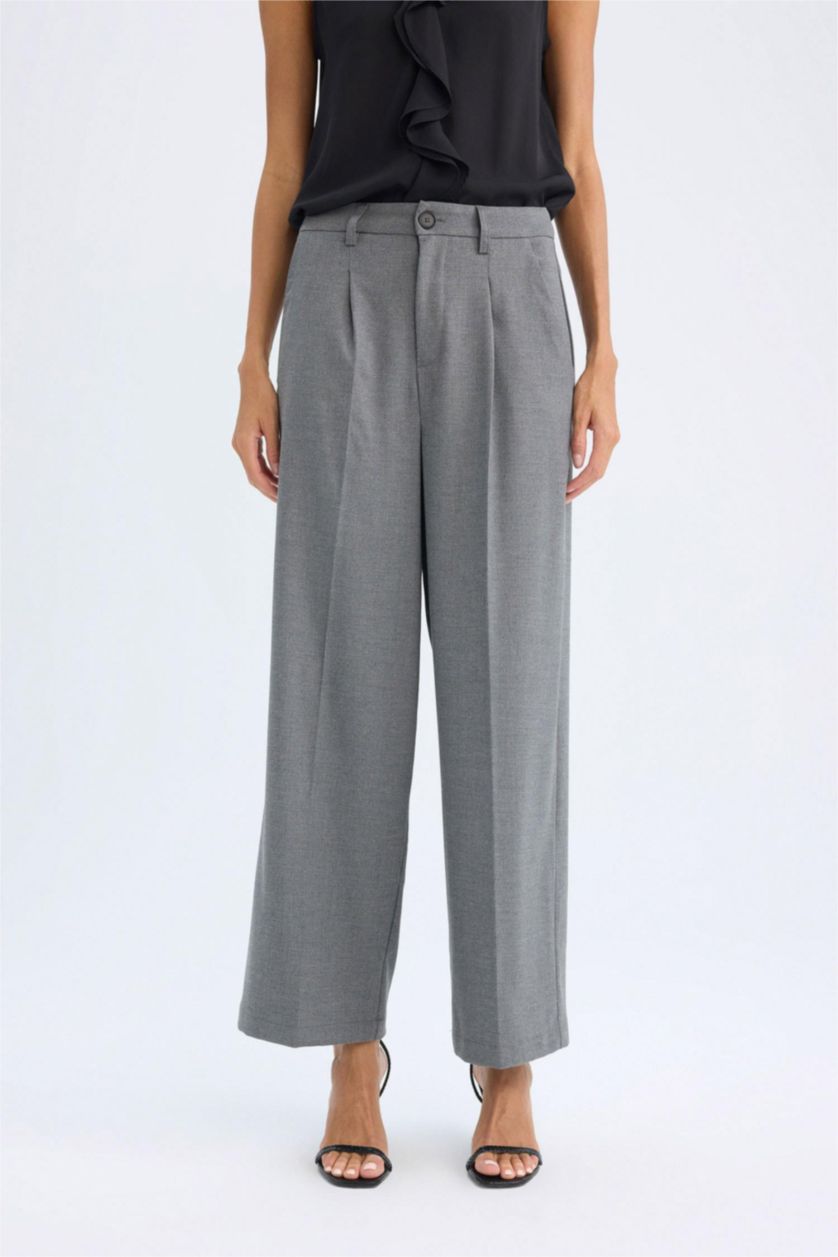 WOMAN Grey Melange Wide Leg Pocketed High Waist Long Length Trousers