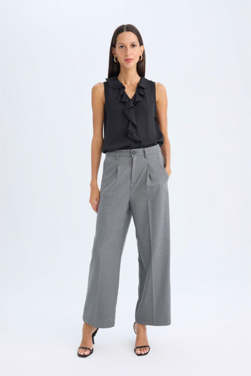 WOMAN Grey Melange Wide Leg Pocketed High Waist Long Length Trousers