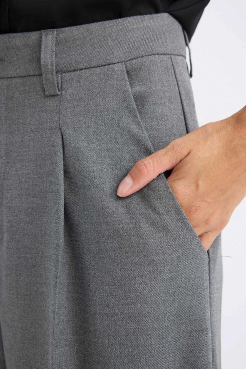 WOMAN Grey Melange Wide Leg Pocketed High Waist Long Length Trousers