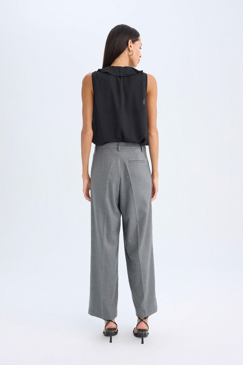 WOMAN Grey Melange Wide Leg Pocketed High Waist Long Length Trousers